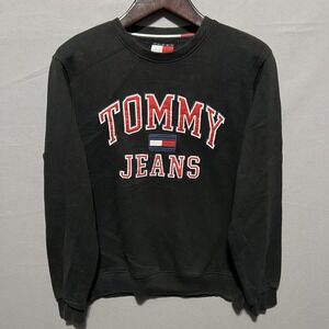Tommy Jeans Sweatshirt Mens XL Black Fleece Embroidered Logo Pullover Crewneck